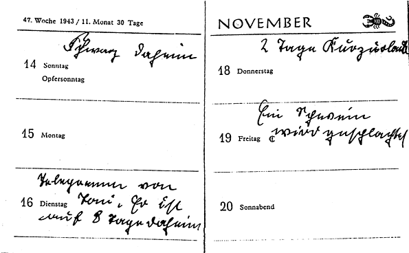 Eintragungen im Taschenkalender.Notizen vom November 1943