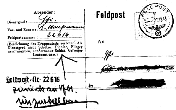 Feldpostkarte mit dem Poststempel 27.12.1943 unzustellbar!
